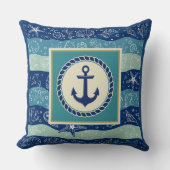 Nautical Navy & Teal Anchor Sea Shells Pattern クッション (正面)