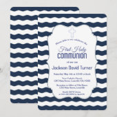 Nautical Navy Waves Anchor First Holy Communion 招待状 (正面/裏面)