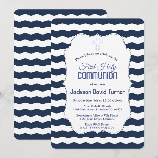 Nautical Navy Waves Anchor First Holy Communion 招待状 (正面/裏面)