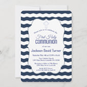 Nautical Navy Waves Anchor First Holy Communion 招待状 (正面)