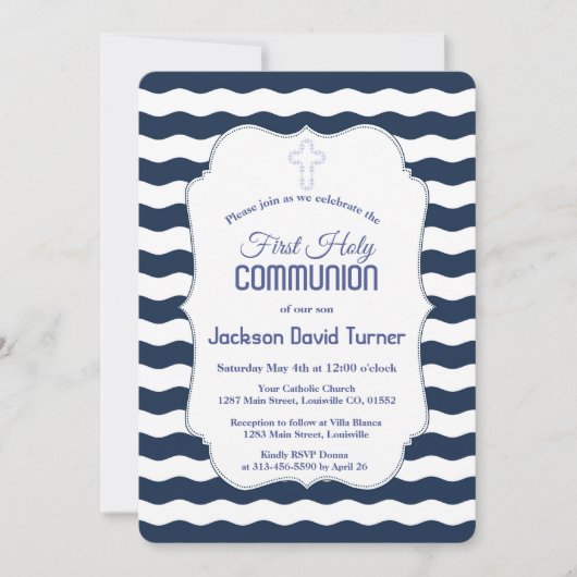 Nautical Navy Waves Anchor First Holy Communion 招待状 (正面)
