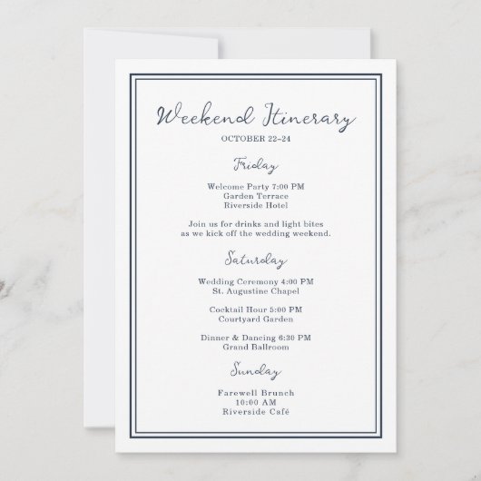 Nautical Navy Wedding Weekend Itinerary Card 招待状 (正面)