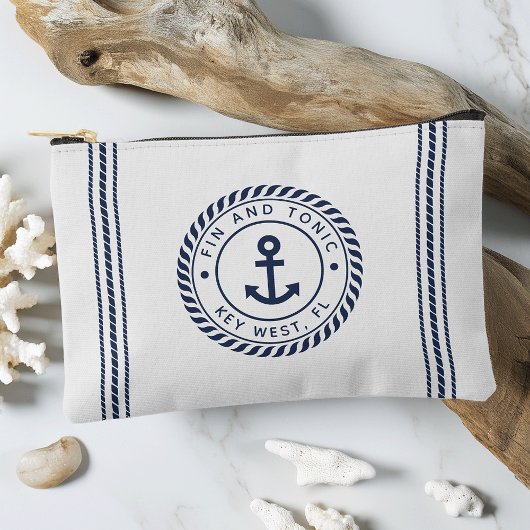 Nautical Navy & White Anchor Stripe Boat Name アクセサリーポーチ