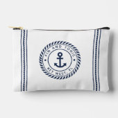 Nautical Navy & White Anchor Stripe Boat Name アクセサリーポーチ (正面)