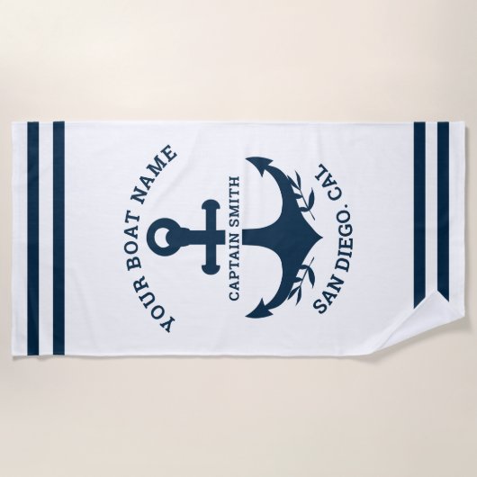Nautical Navy White Boat Name ビーチタオル (正面)