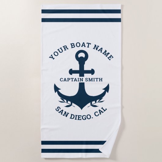Nautical Navy White Boat Name ビーチタオル (正面)