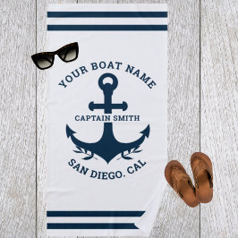 Nautical Navy White Boat Name ビーチタオル