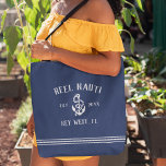 Nautical Navy & White Rustic Anchor Boat Name トートバッグ<br><div class="desc">Tote your gear to the marina with this awesome custom tote bag that you can easily customize with your boat name! Nautical design features a navy blue background with your boat's name, year established, and ship's registry in rustic white lettering with an anchor illustration. Rope stripe detailing along the bottom...</div>