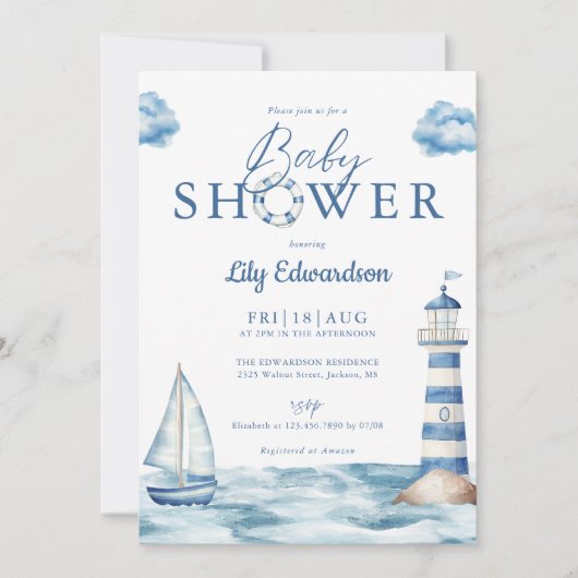 Nautical Ocean Baby Shower Photo QR Code 招待状 (正面)