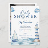 Nautical Ocean Baby Shower Photo QR Code 招待状 (正面/裏面)