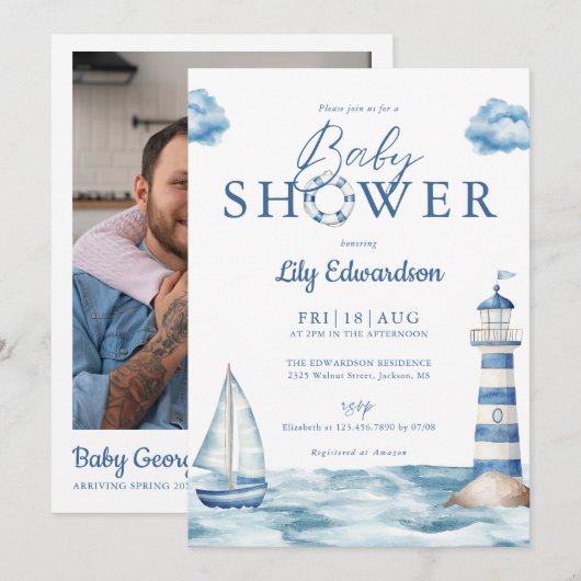 Nautical Ocean Baby Shower Photo QR Code 招待状 (正面/裏面)