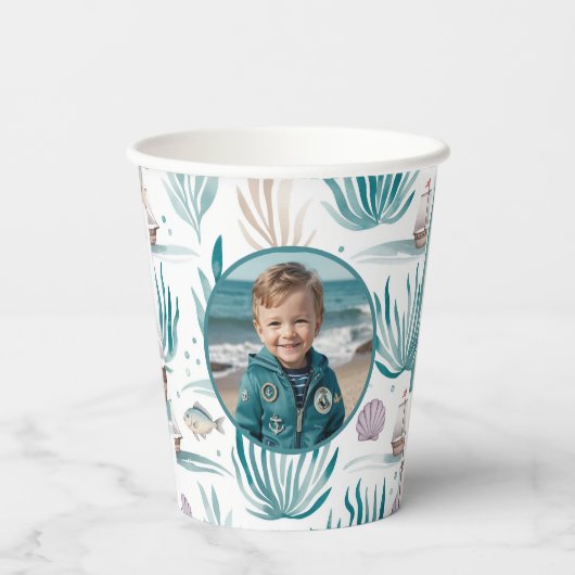 Nautical Ocean Birthday Photo Personalized 紙コップ (裏面)