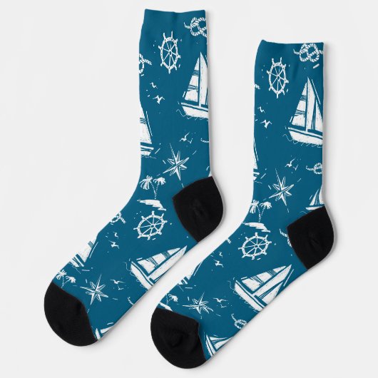 Nautical Paradise: Blue Sailing Boat & Palm Socks ソックス (左)