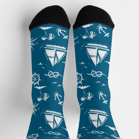 Nautical Paradise: Blue Sailing Boat & Palm Socks ソックス (上部)