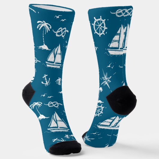 Nautical Paradise: Blue Sailing Boat & Palm Socks ソックス (傾斜あり)
