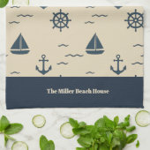 Nautical Pattern with Anchor Sailboat Compass キッチンタオル (折り畳み)