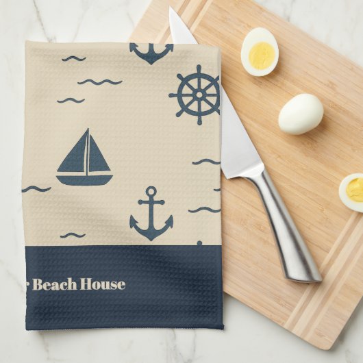 Nautical Pattern with Anchor Sailboat Compass キッチンタオル (四つ折り)