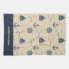 Nautical Pattern with Anchor Sailboat Compass キッチンタオル