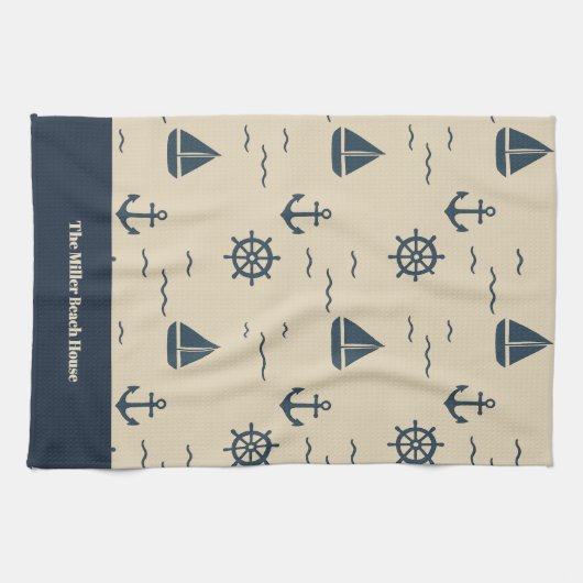 Nautical Pattern with Anchor Sailboat Compass キッチンタオル (横)