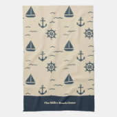 Nautical Pattern with Anchor Sailboat Compass キッチンタオル (縦)