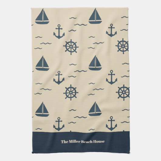 Nautical Pattern with Anchor Sailboat Compass キッチンタオル (縦)