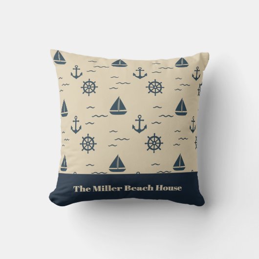 Nautical Pattern with Anchor Sailboat Compass クッション (正面)