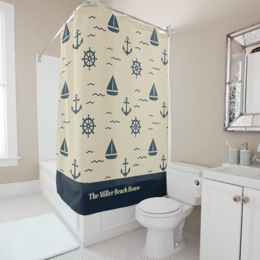 Nautical Pattern with Anchor Sailboat Compass シャワーカーテン (インサイチュ)