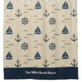 Nautical Pattern with Anchor Sailboat Compass シャワーカーテン (正面)