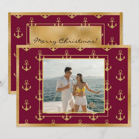 nautical_photo_gold_anchors_christmas_xmas_card シーズンカード (正面/裏面)