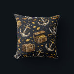 Nautical Pirate Pattern Pillow クッション<br><div class="desc">Bring the spirit of the high seas into your space with this stylish pirate pattern throw pillow. Featuring a seamless design of pirate skulls, anchors, ship wheels, treasure chests, and gold coins, this bold nautical pattern blends dark elegance with adventurous energy. The deep navy background combined with gold and white...</div>