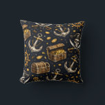 Nautical Pirate Pattern Pillow クッション<br><div class="desc">Bring the spirit of the high seas into your space with this stylish pirate pattern throw pillow. Featuring a seamless design of pirate skulls, anchors, ship wheels, treasure chests, and gold coins, this bold nautical pattern blends dark elegance with adventurous energy. The deep navy background combined with gold and white...</div>