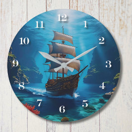 Nautical Pirate Ship Wall Clock Coastal Home Decor ラージ壁時計