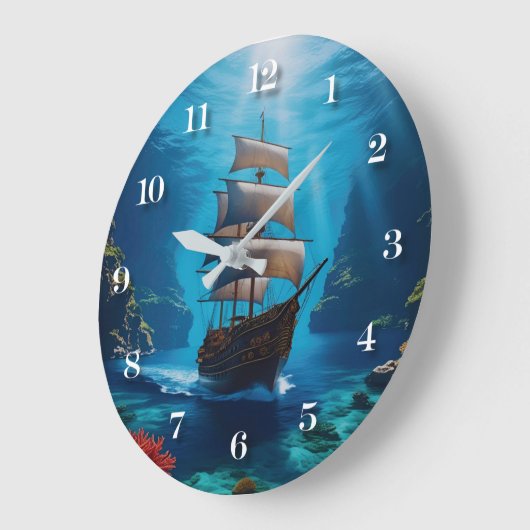 Nautical Pirate Ship Wall Clock – Underwater Ocean ラージ壁時計 (傾斜)