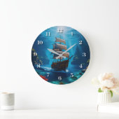 Nautical Pirate Ship Wall Clock – Underwater Ocean ラージ壁時計 (ホーム)