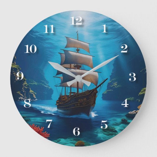 Nautical Pirate Ship Wall Clock – Underwater Ocean ラージ壁時計 (正面)