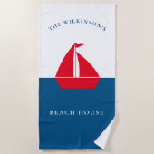 Nautical Red Sailboat Personalized Family Name ビーチタオル (正面)