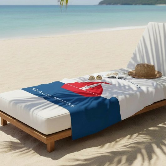 Nautical Red Sailboat Personalized Family Name ビーチタオル