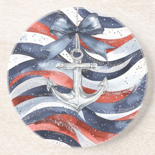 Nautical Red White Blue Bow Anchor コースター (正面)