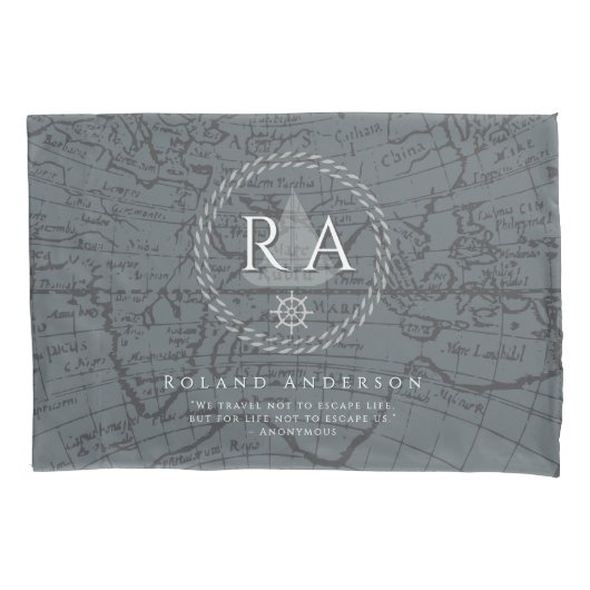 Nautical Rope Monogram Map Grey 枕カバー (正面)