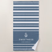 Nautical Rope Stripe & Anchor Boat Name ビーチタオル (正面)