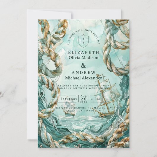 Nautical Rope Voyage Wedding 招待状 (正面)