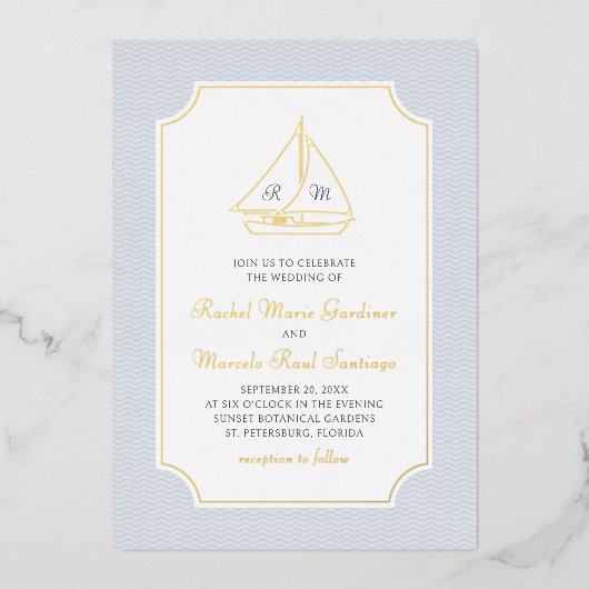 Nautical Sailboat Minimalist Preppy Wedding 箔招待状 (正面)