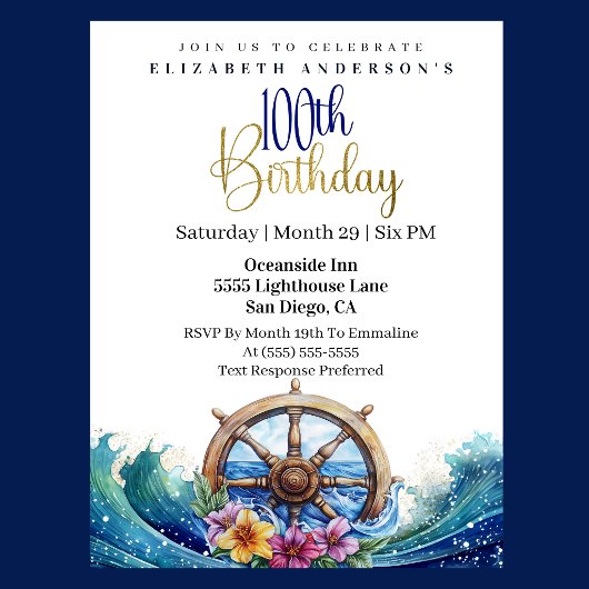 Nautical Sailing Wheel 100th Birthday 招待状