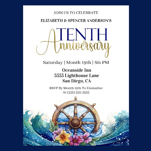 Nautical Sailing Wheel 10th Wedding Anniversary 招待状