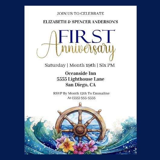 Nautical Sailing Wheel 1st Wedding Anniversary 招待状