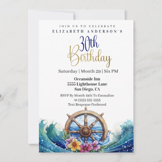 Nautical Sailing Wheel 30th Birthday 招待状 (正面)