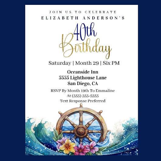 Nautical Sailing Wheel 40th Birthday 招待状