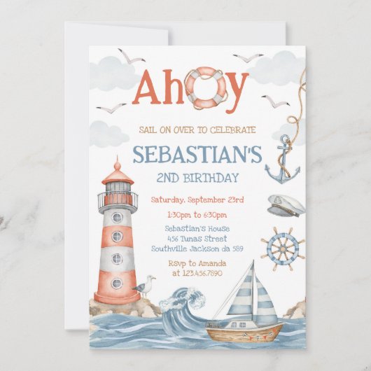 Nautical Sailor Theme Birthday Invitation 招待状 (正面)