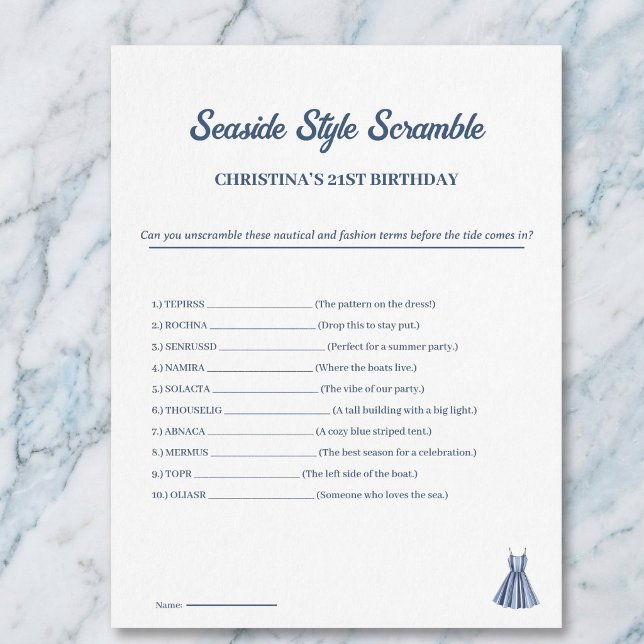 Nautical Scramble Birthday Party Game One Sheet (Nautical Scramble Birthday Party Game)