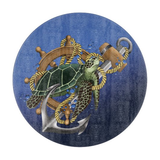 Nautical Sea Turtle Anchor Ship Wheel Blue カッティングボード (正面)